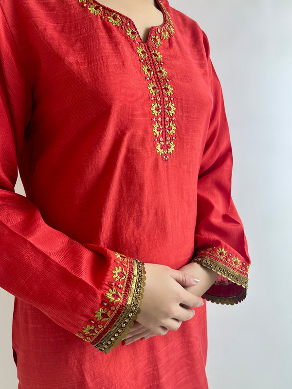 Carrot Red Raw Silk Embroidery Suit JN-FS-1004