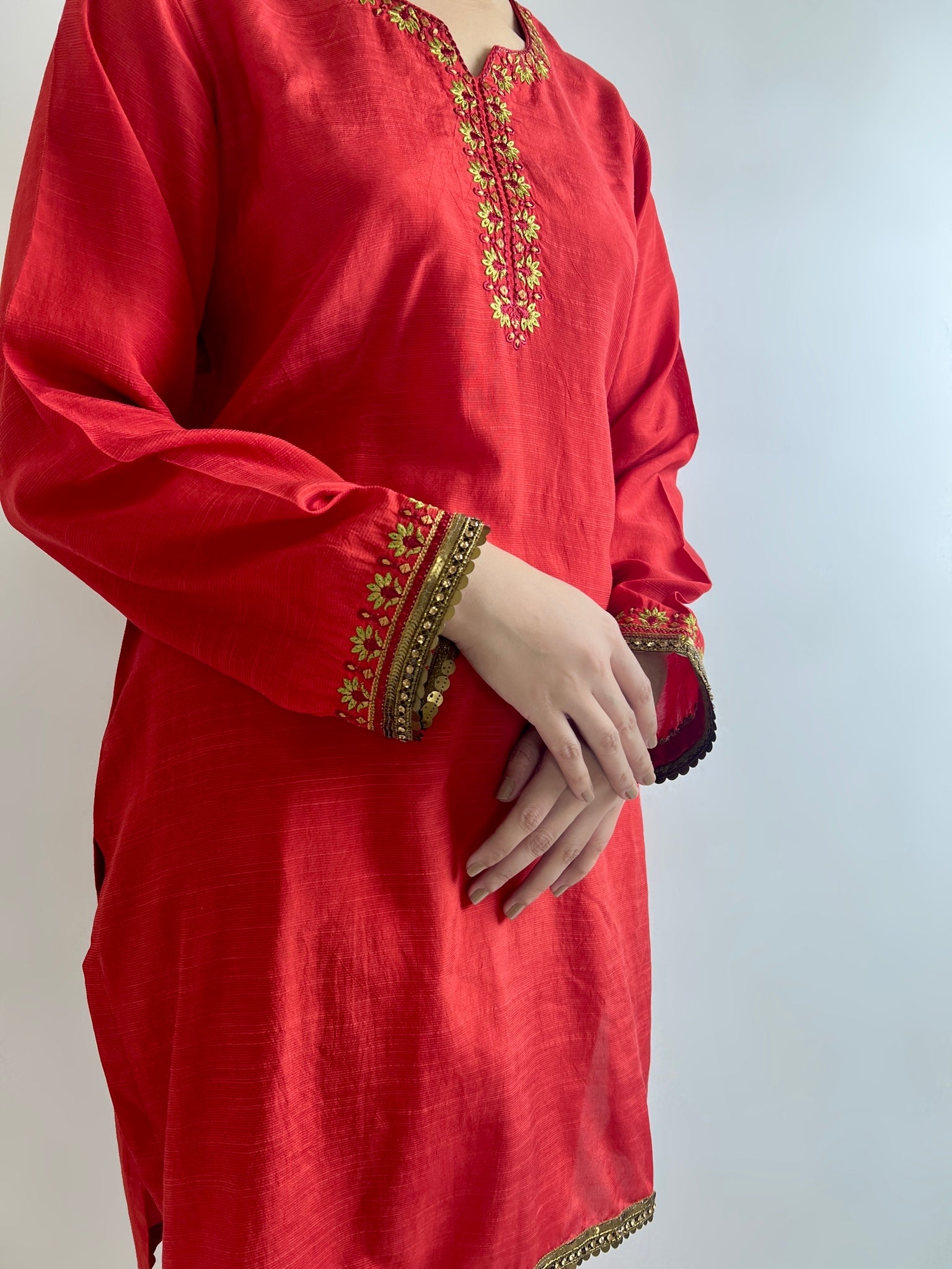 Carrot Red Raw Silk Embroidery Suit JN-FS-1004